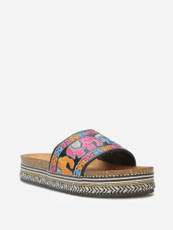 Hot La Modeuse Mules à bride brodée et plateforme ethnique Noir