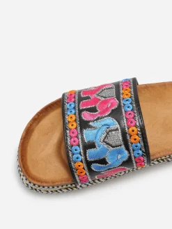 Hot La Modeuse Mules à bride brodée et plateforme ethnique Noir