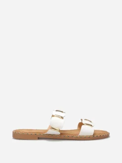 Sale La Modeuse Mules à brides festonnées et détails dorés Blanc