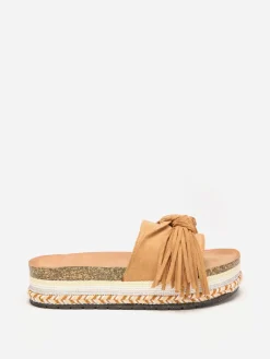 New La Modeuse Mules à motif ethnique avec noeud et pompon Camel