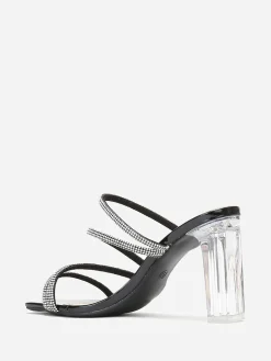 Clearance La Modeuse Mules à talon transparent et brides en strass Noir