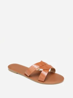 Clearance La Modeuse Mules croco à brides croisées grandes tailles Camel