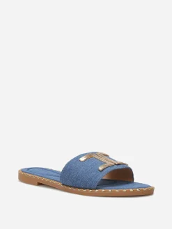 Discount La Modeuse Mules en denim à détails dorés BleuMarine