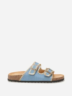 Hot La Modeuse Mules en suédine à surpiqûres dorées BleuClair
