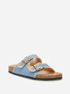 Hot La Modeuse Mules en suédine à surpiqûres dorées BleuClair