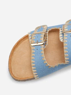 Hot La Modeuse Mules en suédine à surpiqûres dorées BleuClair