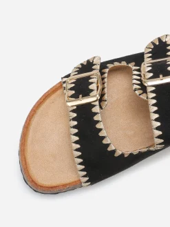 Outlet La Modeuse Mules en suédine à surpiqûres dorées Noir