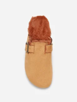 Sale La Modeuse Mules en suédine fourrées à bride Camel
