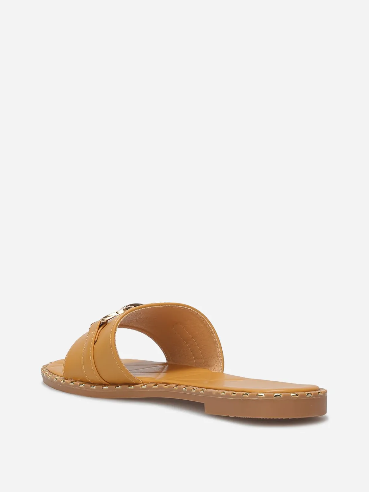 Discount La Modeuse Mules plates à boucle et clous dorés Camel