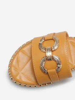Discount La Modeuse Mules plates à boucle et clous dorés Camel