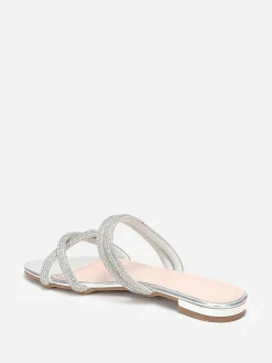 Discount La Modeuse Mules plates à multi-brides en strass Argenté