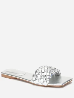 Outlet La Modeuse Mules plates carrées à bride tressée Argenté