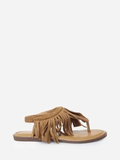 Hot La Modeuse Nu-pieds à franges en suédine Camel