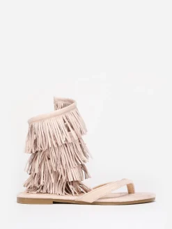 La Modeuse Nu-pieds  en suédine avec franges Beige