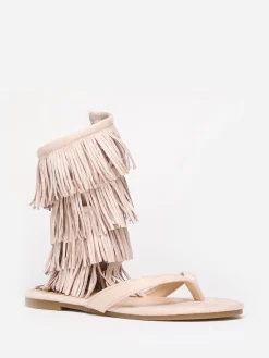 La Modeuse Nu-pieds  en suédine avec franges Beige