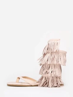 La Modeuse Nu-pieds  en suédine avec franges Beige