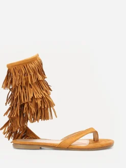 Clearance La Modeuse Nu-pieds en suédine avec franges Camel