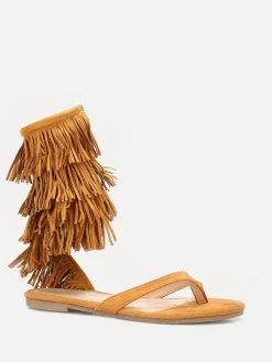 Clearance La Modeuse Nu-pieds en suédine avec franges Camel