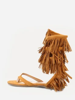 Clearance La Modeuse Nu-pieds en suédine avec franges Camel