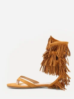 Clearance La Modeuse Nu-pieds en suédine avec franges Camel