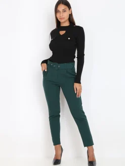 Outlet La Modeuse Pantalon à pinces ceinturé Vertfoncé