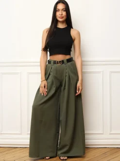 Clearance La Modeuse Pantalon à pinces large avec ceinture Kaki
