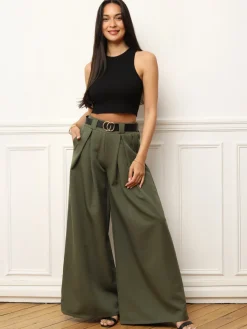 Clearance La Modeuse Pantalon à pinces large avec ceinture Kaki