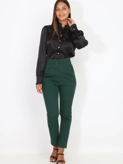 La Modeuse Pantalon à pinces plissé et boutonné Vertfoncé