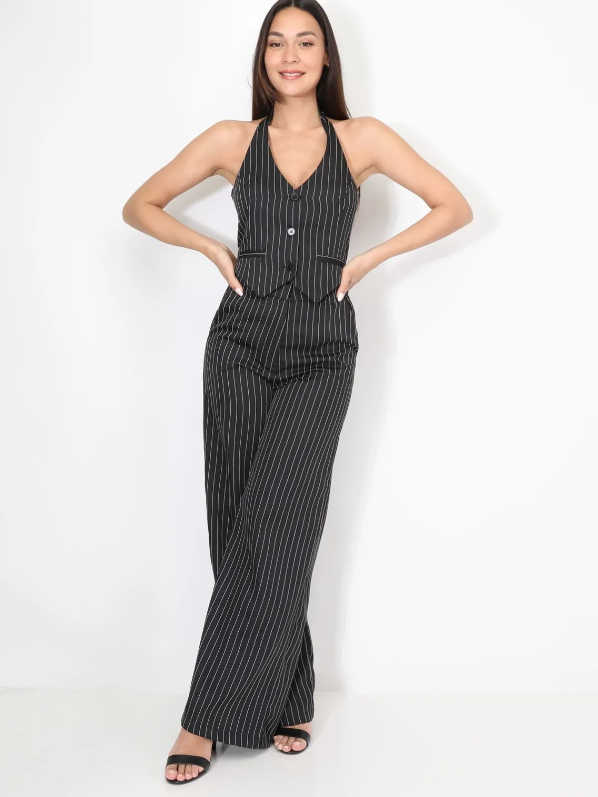 Outlet La Modeuse Pantalon de costume à fines rayures Noir