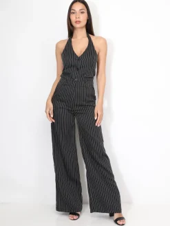 Outlet La Modeuse Pantalon de costume à fines rayures Noir