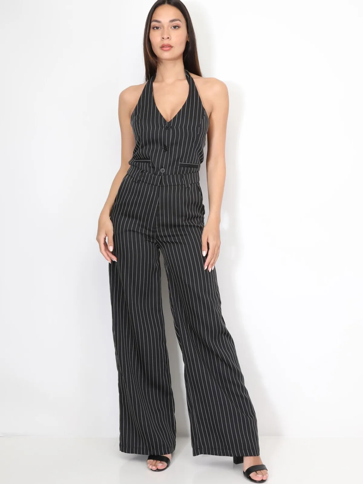 Outlet La Modeuse Pantalon de costume à fines rayures Noir