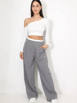 Sale La Modeuse Pantalon de costume à taille contrastante Gris