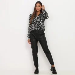 Discount La Modeuse Pantalon droit enduit taille haute Noir