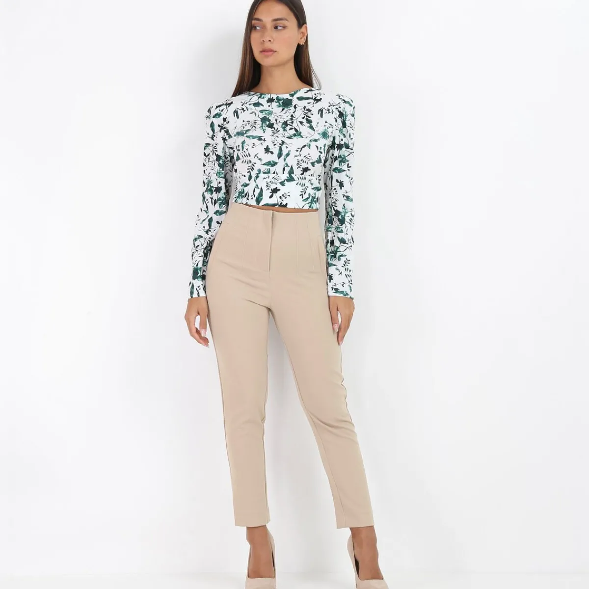 Hot La Modeuse Pantalon droit taille haute Beige