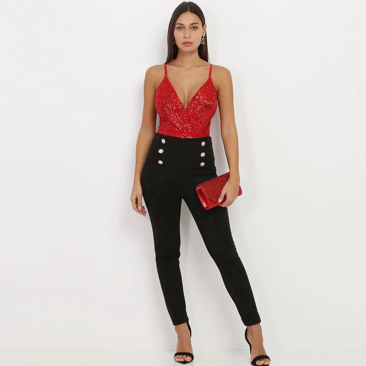 New La Modeuse Pantalon en suédine à boutons Noir