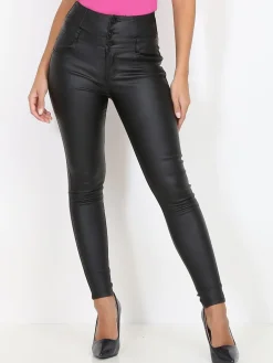 New La Modeuse Pantalon enduit à boutons et surpiqûres Noir