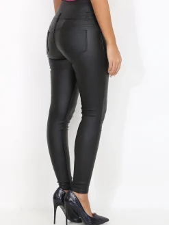 New La Modeuse Pantalon enduit à boutons et surpiqûres Noir
