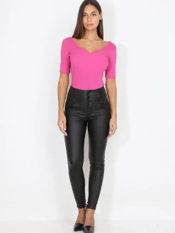 New La Modeuse Pantalon enduit à boutons et surpiqûres Noir