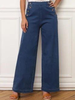 Sale La Modeuse Pantalon flare en denim à boutons Bleu