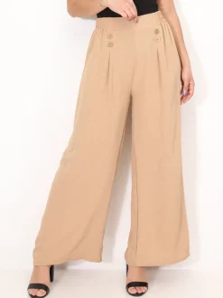 Hot La Modeuse Pantalon large à plis et boutons Camel