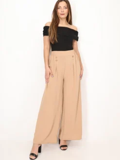 Hot La Modeuse Pantalon large à plis et boutons Camel