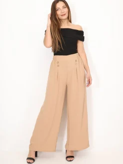 Hot La Modeuse Pantalon large à plis et boutons Camel