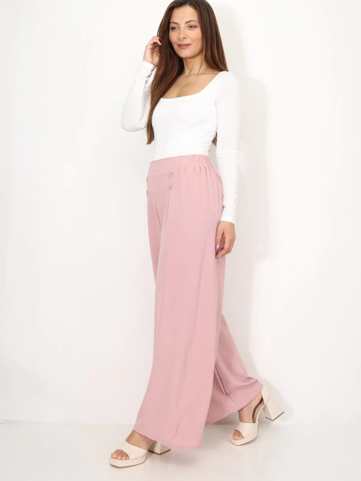 Sale La Modeuse Pantalon large à plis et boutons VieuxRose