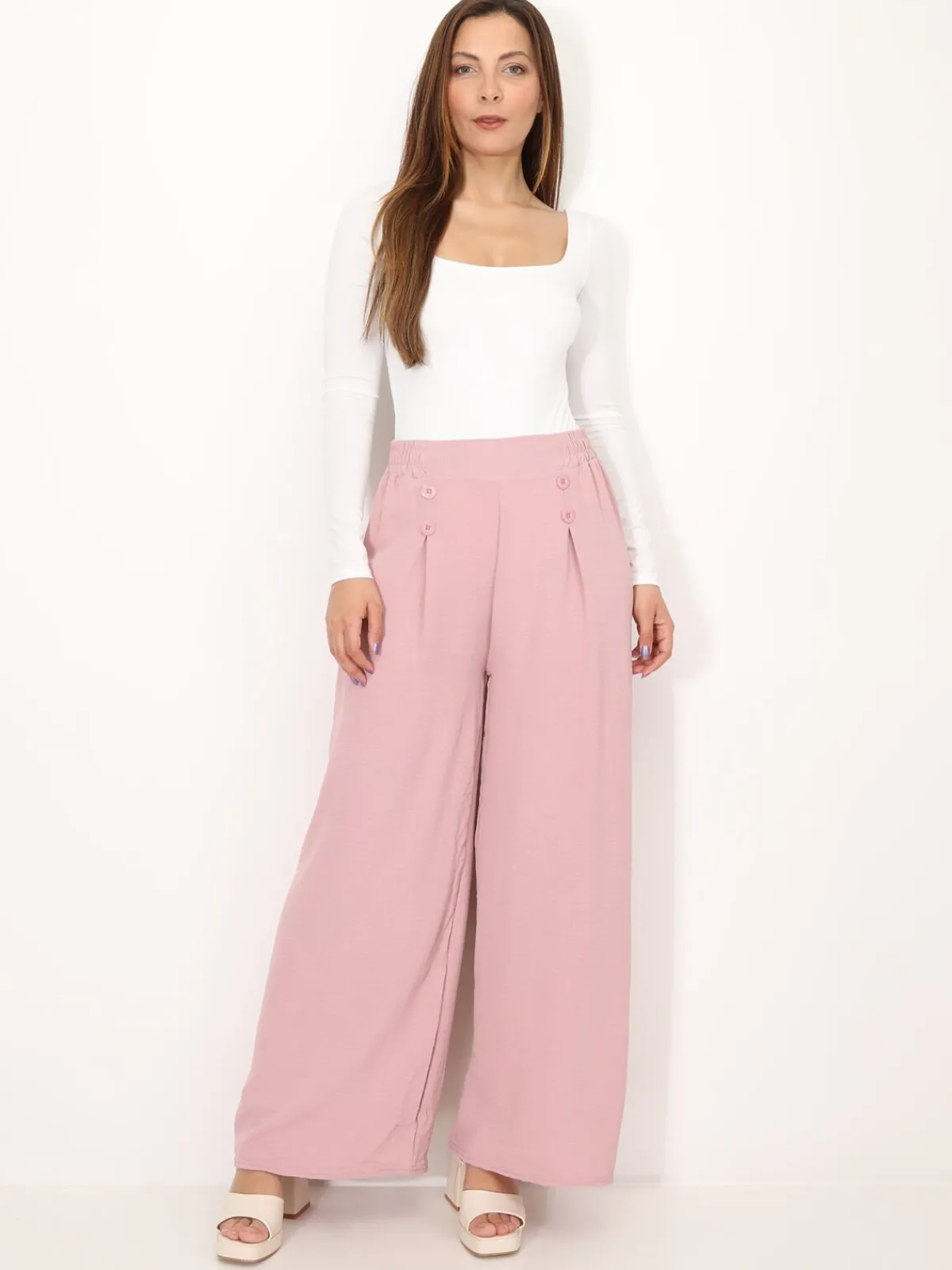 Sale La Modeuse Pantalon large à plis et boutons VieuxRose