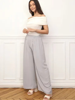 Sale La Modeuse Pantalon large à plis et boutons Gris