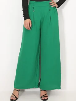 New La Modeuse Pantalon large à plis et boutons Vert
