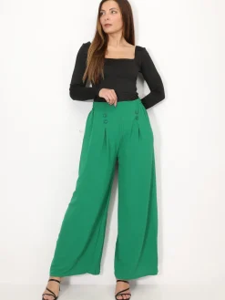 New La Modeuse Pantalon large à plis et boutons Vert