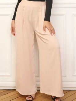 Hot La Modeuse Pantalon large à plis et boutons Beige