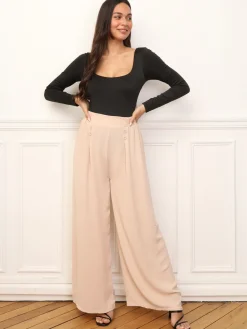 Hot La Modeuse Pantalon large à plis et boutons Beige
