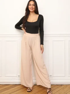 Hot La Modeuse Pantalon large à plis et boutons Beige